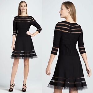Tadashi Shoji Mesh Illusion Stripe Fit &
Flare Dress Black 3/4 Sleeves Size XS